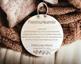Patenurkunde aus Holz I Patenbrief I Geschenk für Paten / personalisiertes Geschenk I Geburt