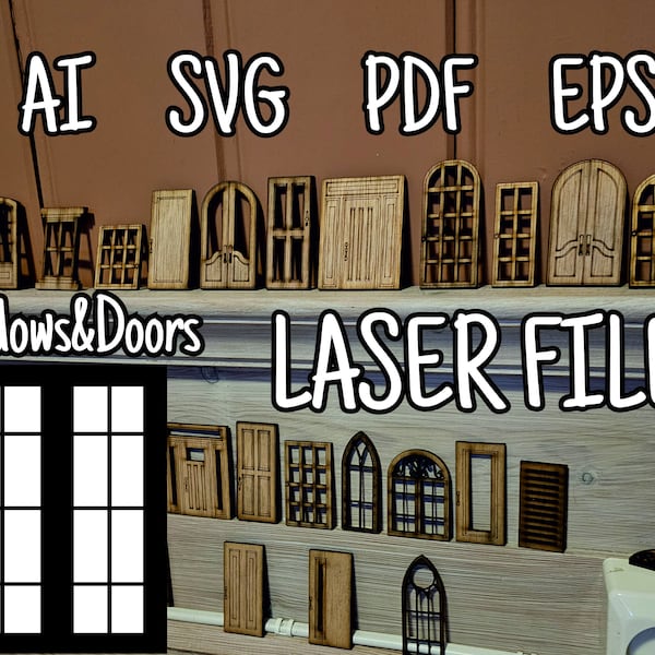 Digital Download Bundle Window Frames and Doors SVG File for laser cutter, laser cut cnc file, door vector, window for doll house