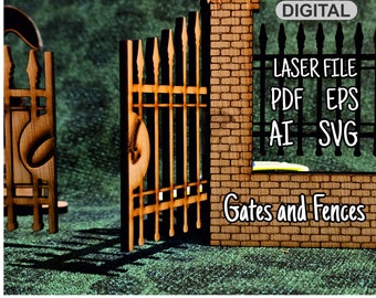 Digital Download Gates and Fences 1/12 scale Doll House Diorama Laser cut File for cutter engraver SVG Vector layered brick wall fence iron