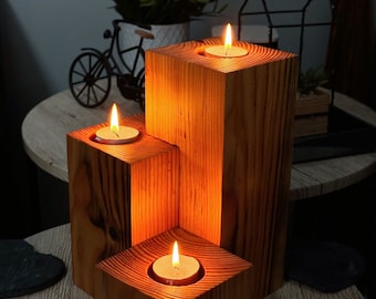 Wooden Tea light candle holder, three tier tea candle stand, decorative candle holder