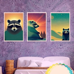 Raccoon Wall Art | 3 Piece Wall Art | Printable Art Set | Animal Art | AI Generated Art | DIGITAL DOWNLOAD | Room Decor | Poster | Art Print
