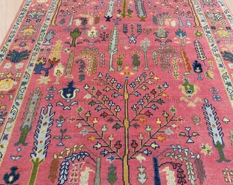 Alfombra turca vintage Oushak anudada a mano, de lana rosa, 23 x 30 cm, de pelo corto, tejida a mano