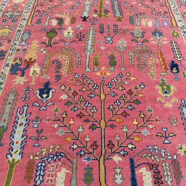 Turkish Hand-Knotted Vintage Oushak rug Pink Wool 9x12 Handwoven Turkish Low Pile Carpet