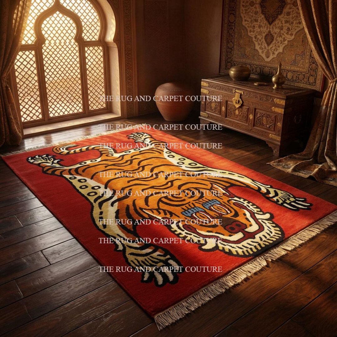 Red Animal Rug Handmade Wool Red Tiger Rug | Bold Animal Print Area Rug - Etsy