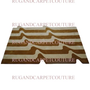 Hand-Tufted Rug Hand Tuft Tufted Woolen Wave-Edge Rug Warm Brown Beige Stripes Modern Wool Accent 5x8 6x9 7x10 8x10  Large Rug Duty Free