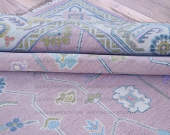 Turkish Hand-Knotted Wool Oushak Rug – Lilac Purple Floral Carpet