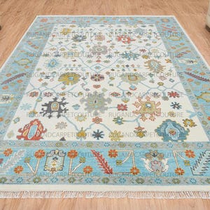 Elegant Hand-Knotted Rug Ivory and Sky Blue Oushak Rug with Vibrant Tribal Motifs Geometric Patterns 5x8 6x9 7x10 8x10   Rug Duty Free
