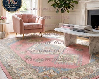 Hand-Knotted Blush Pink Oushak Wool Rug, Vintage Turkish Geometric Carpet, Luxury Decor