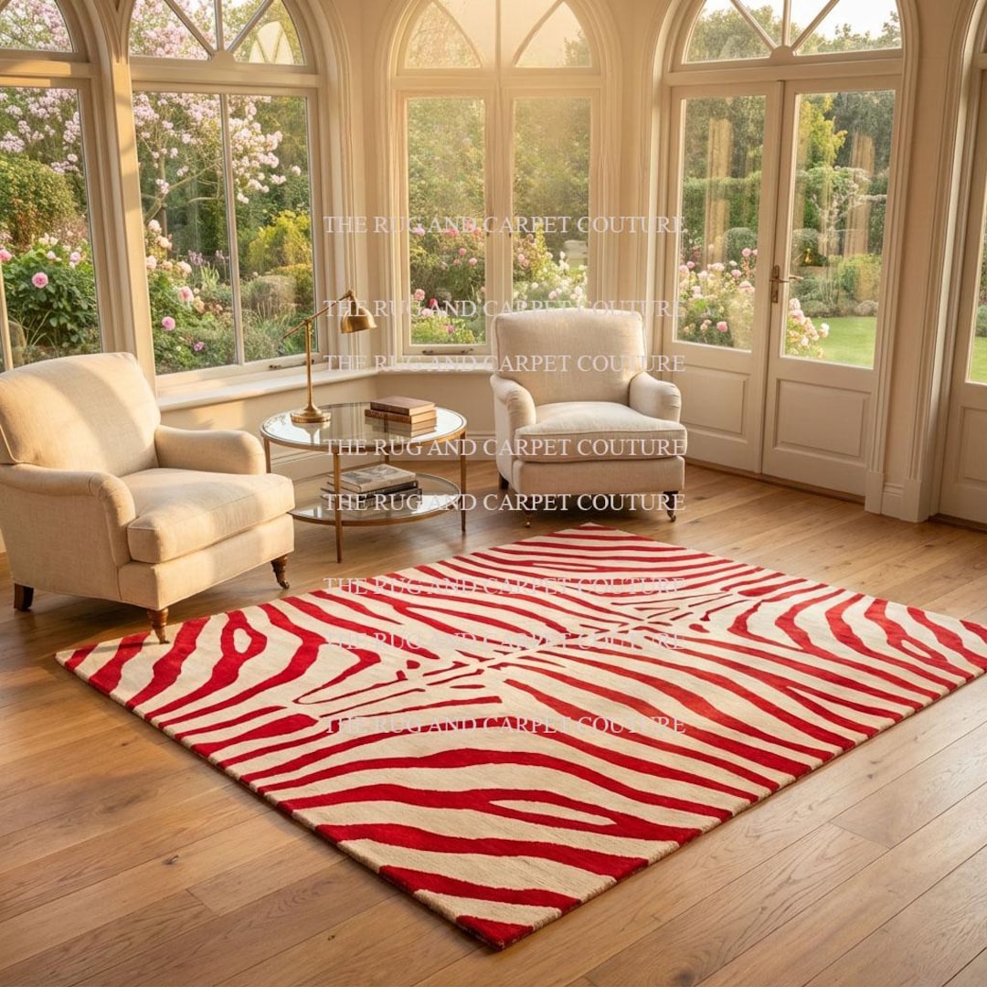 Red Animal Rug Hand Tufted Red Zebra Ivory Rug Hand Knotted Animal Printed Custom ...