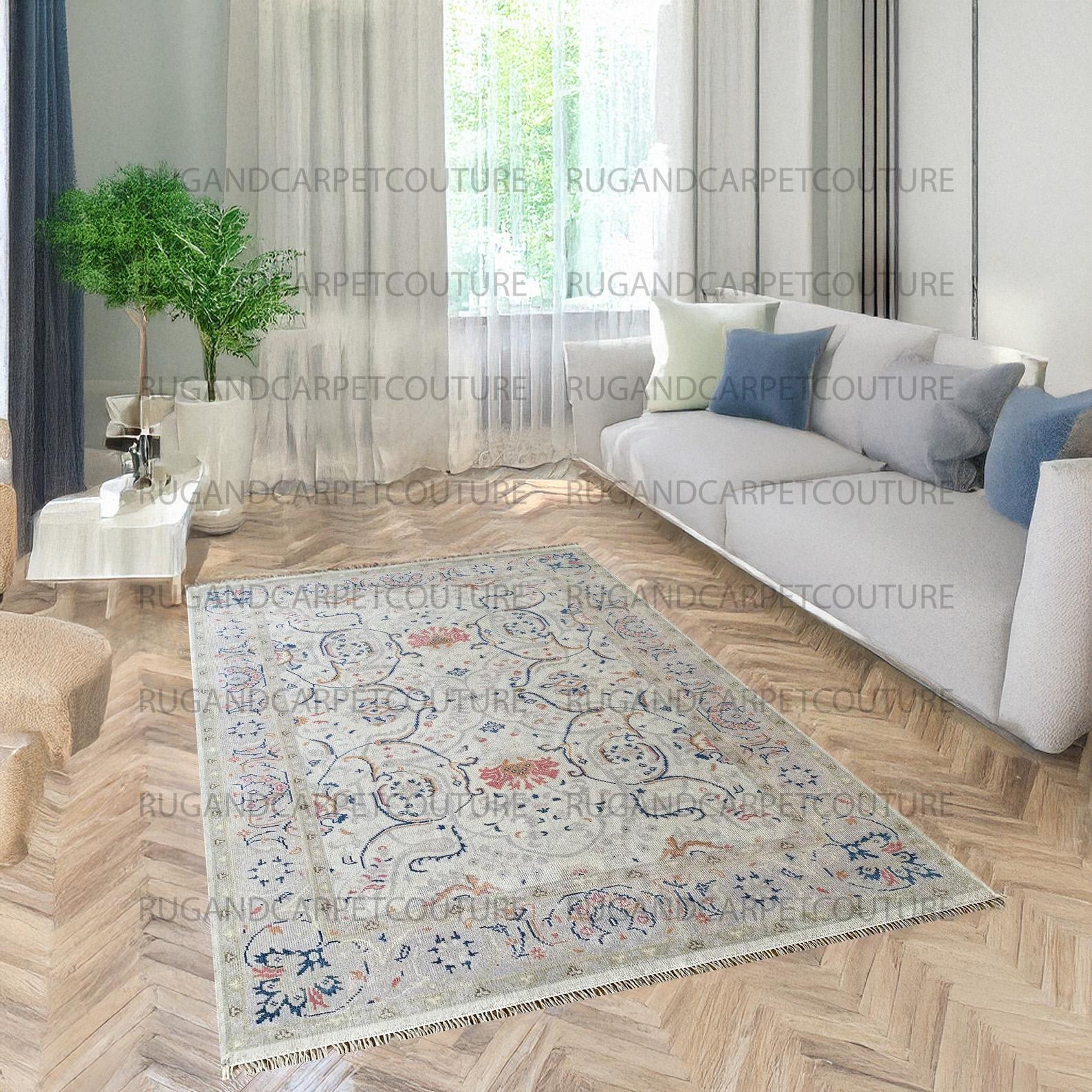 Hand-Knotted Ivory Wool Turkish Oushak Rug Beige Grey Blue Pink Floral Border Vintage Large Area Rug 5x8 6x9 7x10 8x10 9x12 10x14 Duty Free