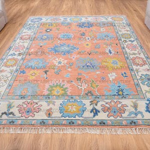 Hand-Knotted Oushak Rug in Peach, Blue, Ivory & Yellow – Traditional Turkish Floral Design 5x8 6x9 7x10 8x10 9x12 10x14 Rug Duty Free
