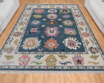 Tealblauwe Oushak-tapijt 9x12, Turks handgeknoopt, Nieuw-Zeelandse wol