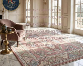 Blush Pink Oushak Rug, Traditional Floral Border, New Zealand Wool Room Decor