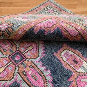 Hand Knotted Rug Handmade Navy Blue & Pink Oushak Vintage Turkish Wool Carpet with Geometric Floral Patterns 5x8 6x9 7x10 8x10 9x12 10x14