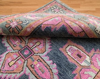 Hand Knotted Rug Handmade Navy Blue & Pink Oushak Vintage Turkish Wool Geometric Floral Patterns 5x8 6x9 7x10 8x10 9x12 10x14 Duty Free