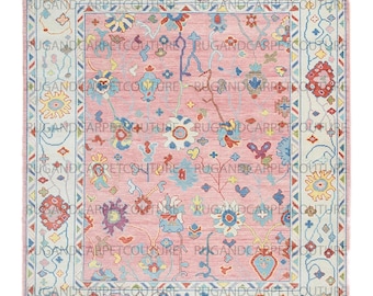 Roze Oushak tapijt 5x8, Turks handgeknoopt, zachte vintage tint