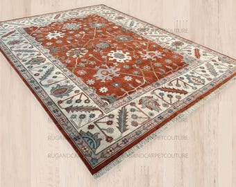 Alfombra de lana color rojo óxido anudada a mano: diseño floral tradicional turco