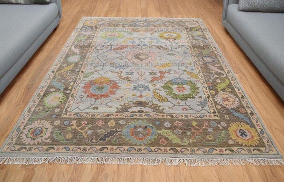 Hand Knotted Oushak Rug 9x12, Soft Tone Vintage, Wool, Fringe Edge