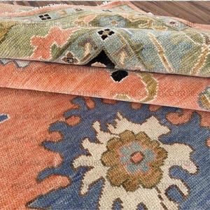 Turkish Hand-Knotted Oushak Wool Rug: Peach, Green Vintage Floral Carpet