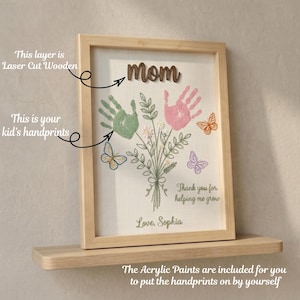 Personalized Mom Handprint Flower Frame, Laser Cut Wood, Mother's Day Gift