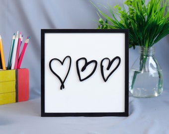 Personalized Heart Drawing Sign, 2-Layered Keepsake Frame, Laser-cut Kid Handwriting Sign, 3D Custom Hand-Drawn Hearts Wooden Plaque