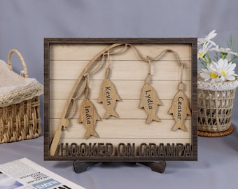 Hooked On Papa Personalized Wood Frame With Names Customized Daddy Fishing Sign For Fathers Day Gift For Grandpa Fishing Gift From Grandkids