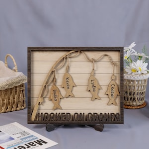 Hooked On Papa Personalized Wood Frame With Names Customized Daddy Fishing Sign For Fathers Day Gift For Grandpa Fishing Gift From Grandkids