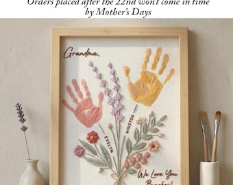 Custom 1-4 Handprints - Personalized FLower Handprint Art Frame For Mom, Handprint Gift, Wood Embroidery