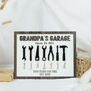 May include: A wooden sign with the text "Grandpa's Garage" and "Open 24 HRS."  The sign features a silhouette of various tools, including a wrench, saw, pliers, and hammer.  The text "Toys Fixed for Free" and "EST. 2025" is also included on the sign.