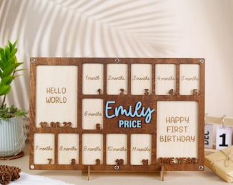 Newborn To One Year Baby Photo Frame, Personalized Baby Picture Frame, Monthly Photo Memory Frame Newborn Gift, One Year Photo Board Sign