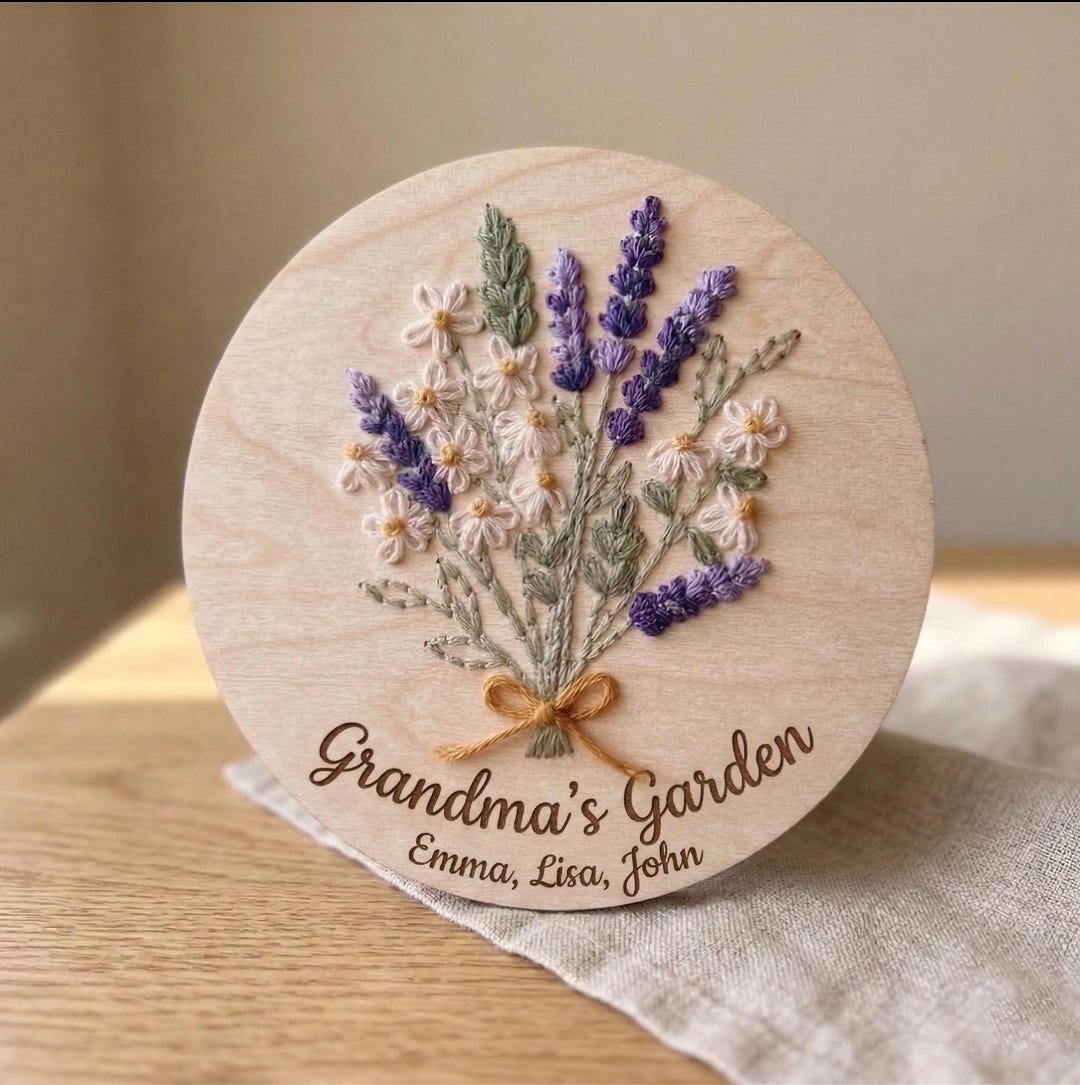 Embroidery Floral Bouquet Wood Sign, Personalized Grandma's Garden Wood ...