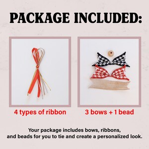 K&ouml;nnte beinhalten: Nahaufnahme eines Pakets mit vier Arten von Band und drei Schleifen mit einer einzelnen Perle. Der Text "PACKAGE INCLUDED" befindet sich oben im Bild. Der Text "4 types of ribbon" befindet sich unter einem B&uuml;ndel aus rotem, goldenem und wei&szlig;em Band. Der Text "3 bows + 1 bead" befindet sich unter einem Stapel von drei Schleifen, einer schwarz-wei&szlig;en, einer rot-wei&szlig;en und einer beigefarbenen. Der Text "Your package includes bows, ribbons, and beads for you to tie and create a personalised look." befindet sich unten im Bild.