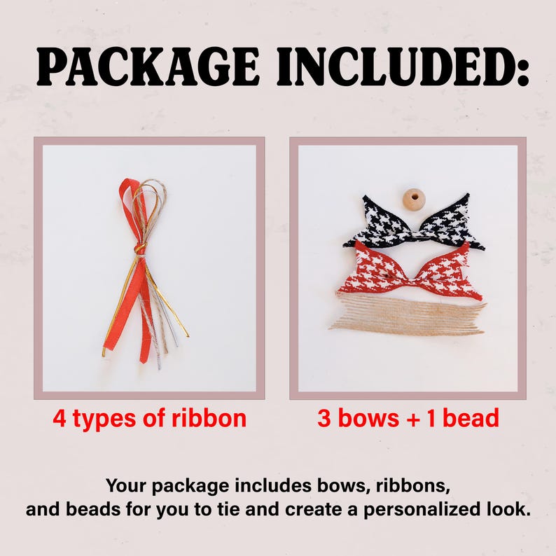 K&ouml;nnte beinhalten: Nahaufnahme eines Pakets mit vier Arten von Band und drei Schleifen mit einer einzelnen Perle. Der Text "PACKAGE INCLUDED" befindet sich oben im Bild. Der Text "4 types of ribbon" befindet sich unter einem B&uuml;ndel aus rotem, goldenem und wei&szlig;em Band. Der Text "3 bows + 1 bead" befindet sich unter einem Stapel von drei Schleifen, einer schwarz-wei&szlig;en, einer rot-wei&szlig;en und einer beigefarbenen. Der Text "Your package includes bows, ribbons, and beads for you to tie and create a personalised look." befindet sich unten im Bild.