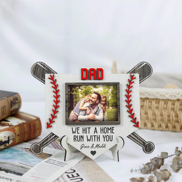 Letrero con marco de fotos personalizado para papá beisbolista, "Jugamos un jonrón contigo", "Equipo de béisbol de papá", placa 3D de béisbol para papá, regalo extra para papá