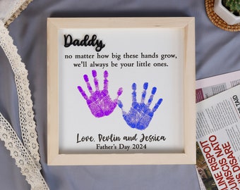 Dad Handprint Wooden Frame Personalized Dad Hand Down Sign Customized Kid Handprint For Fathers Day Gift DIY Handprint Art For Husband Gifts
