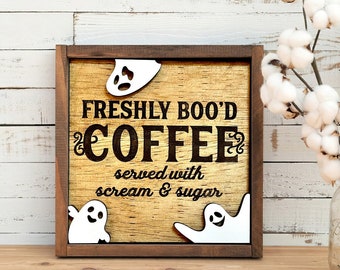 Freshly Boo'd Coffee Served With Scream and Sugar Frame Sign, Halloween Coffee Bar Sign, Coffee Bar Framed Sign Halloween Decor Gift