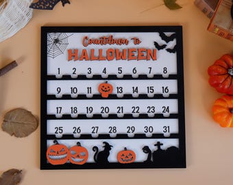 Halloween Countdown With Moveable Ghost, Halloween Wood Decorations, Countdown To Halloween Calendar Sign, Coffee Bar Halloween Decor