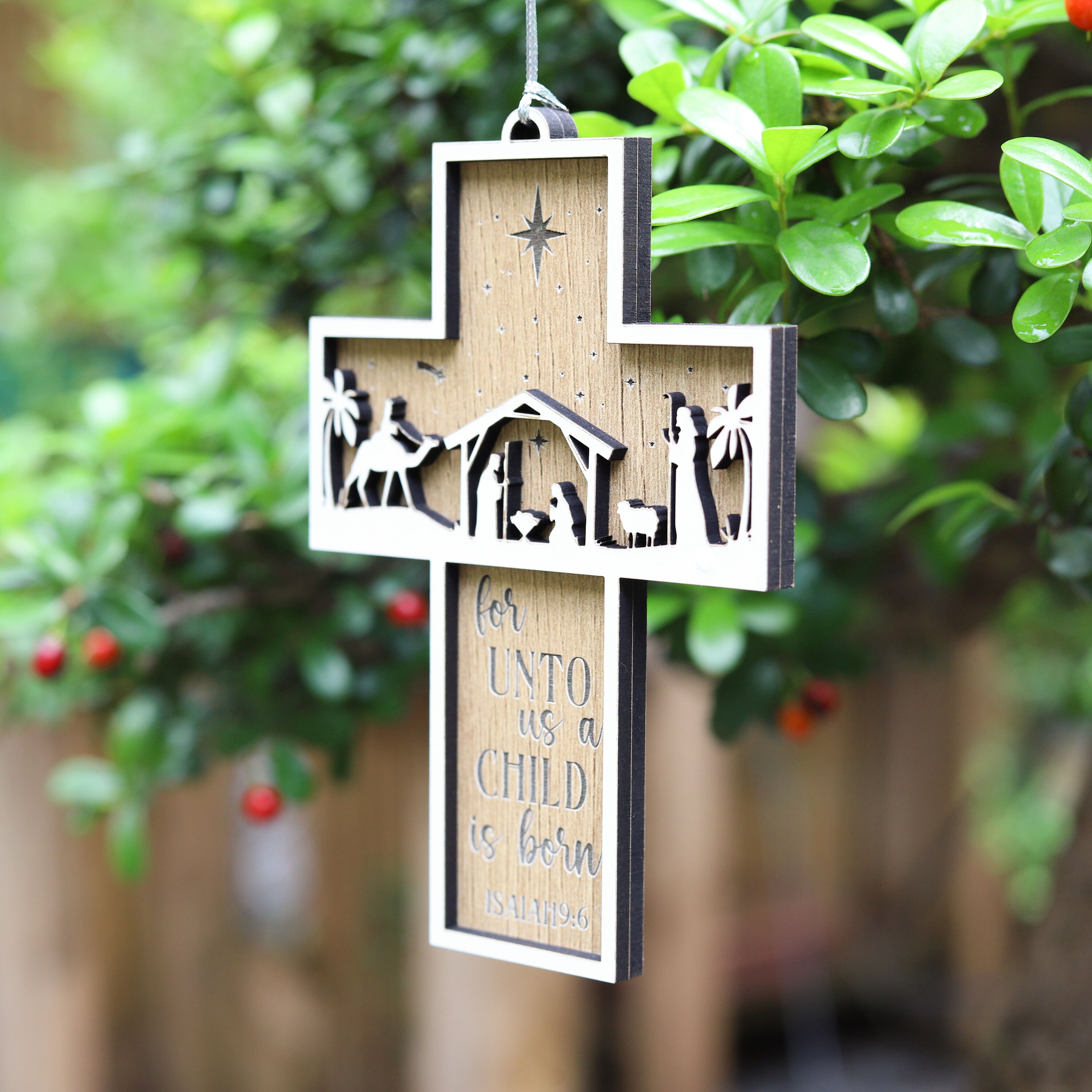Wooden Nativity Scene Scripture Cross Ornament, Christian Ornament, for