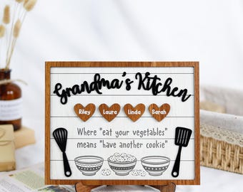 Grandma's Kitchen Personalized Grandma Sign, Personalized Kitchen Name Sign, Heart Pieces With Kids Name, Grandma 3D Sign, Cookies Mom Sign