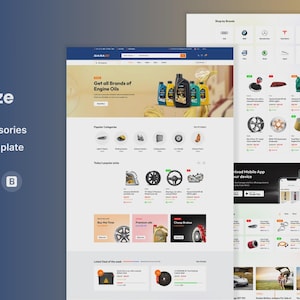 Może przedstawiać: Projekt strony internetowej dla akcesoriów samochodowych, z niebiesko-białą kolorystyką. Strona prezentuje oleje silnikowe, popularne kategorie i aplikację mobilną. Widoczne są teksty "Garaze" i "Car Accessories HTML Template".