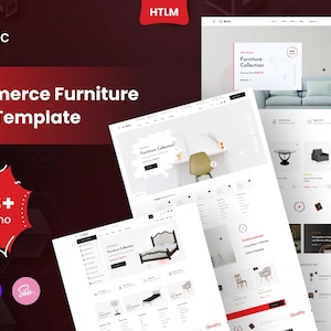 Puede incluir: Un diseño de sitio web que muestra una plantilla HTML de muebles de comercio electrónico. El diseño presenta múltiples diseños de página web con exhibiciones de productos de muebles. La plantilla incluye un esquema de color rojo y negro con el texto "Ecommerce Furniture HTML Template".