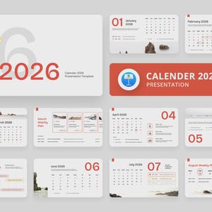 Puede incluir: Una plantilla de presentación de calendario para el año 2026. El diseño incluye diseños de calendario mensuales con acentos rojos y el texto "CALENDARIO 2026 PRESENTACIÓN". La combinación de colores es blanca y roja.