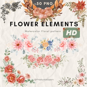 Può includere: Una collezione di elementi floreali ad acquerello, tra cui bouquet e composizioni angolari. L'immagine presenta vari fiori nei toni del rosa, pesca e blu, con fogliame verde. Il testo include "FLOWER ELEMENTS" e "Watercolor Floral pattern".