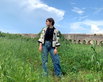 Kimono papaveri bianco e nero in popeline di viscosa