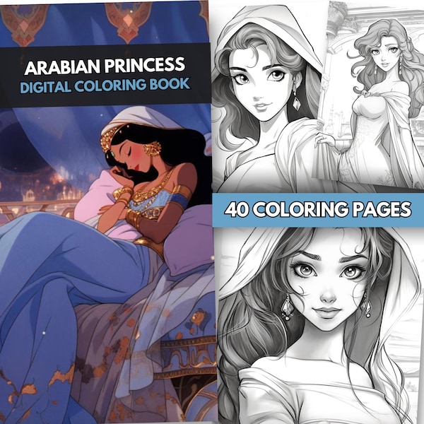 Arabian Princess Coloring Pages, Coloring Book, 40 Princess drawings for Adults and Kids - Instant PDF Download - ideal for Amazon KDP