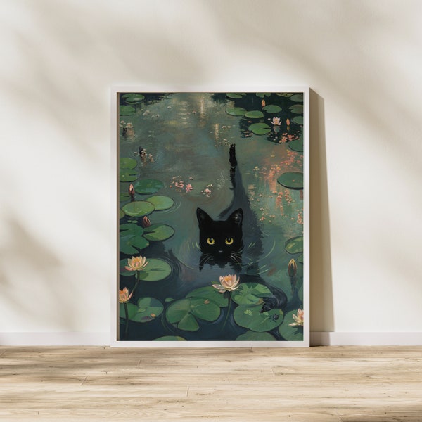 Cat print monet water lilies | Funny Gift Cat Poster Wall Art | Instant Digital Download