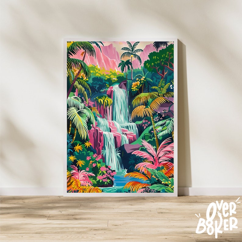 Tropical Waterfall Paradise Art Print Vibrant Jungle Landscape Colorful ...