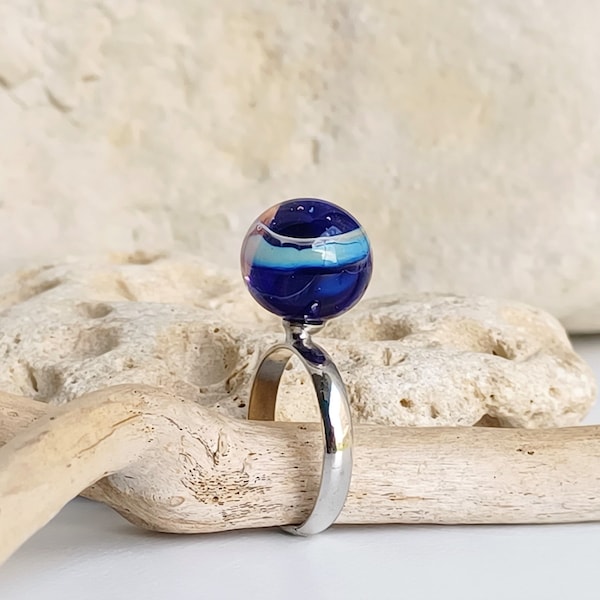 Tonos de anillo de bola de azul rosa con reflejos nacarados, cuentas de vidrio hilado de lámparas redondas artesanales, vidrio de Murano ajustable/anillo de doble hélice