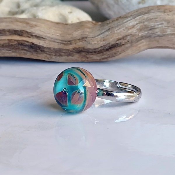 Bague Boule Bleu Turquoise Violet Bulle d'Air, Perle Artisanale Verre Filé au Chalumeau, Bague Ajustable Verre de Murano Double Helix