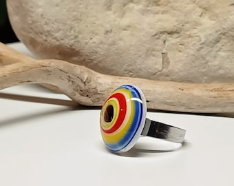 Mehrfarbiger Ring, Cabochon aus handwerklichem Glas gesponnen mit Taschenlampe, verstellbarer Frauenring Muranoglas "Konzentrische Kreise"